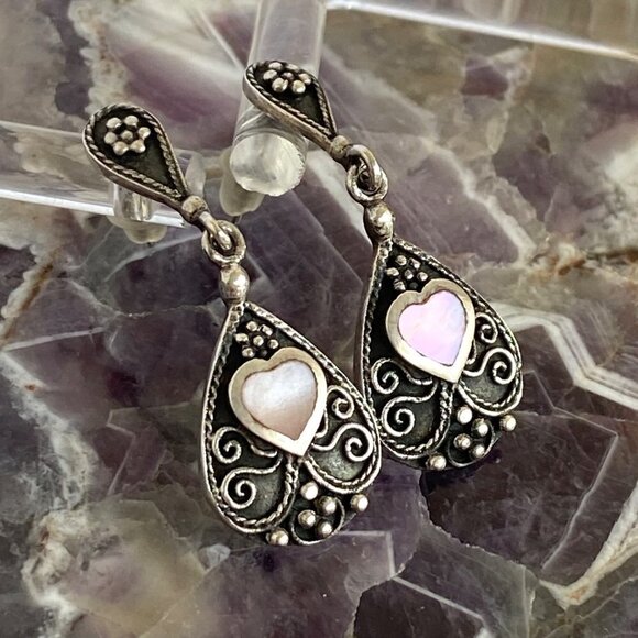 Sterling Silver 925 BOMA MOP Mother Of Pearl Oxidized Scrollwork Dangle Earrings - Picture 11 of 16